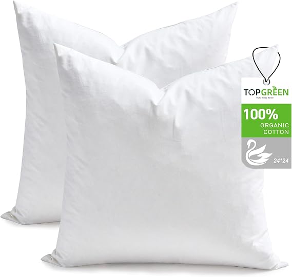 TOPGREEN Ogranic Feathers Down Pillow Inserts 24x24, Pack of 2, White