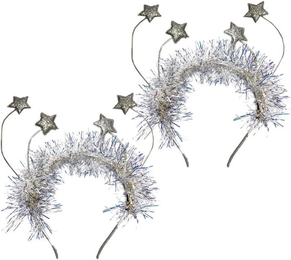 Amosfun 2pcs Star Bopper Headband Glitter Tinsel Hair Hoop Christmas Hair Band New Year Eve Party Headwear Photo Prop for Carnival Cosplay PartySilver