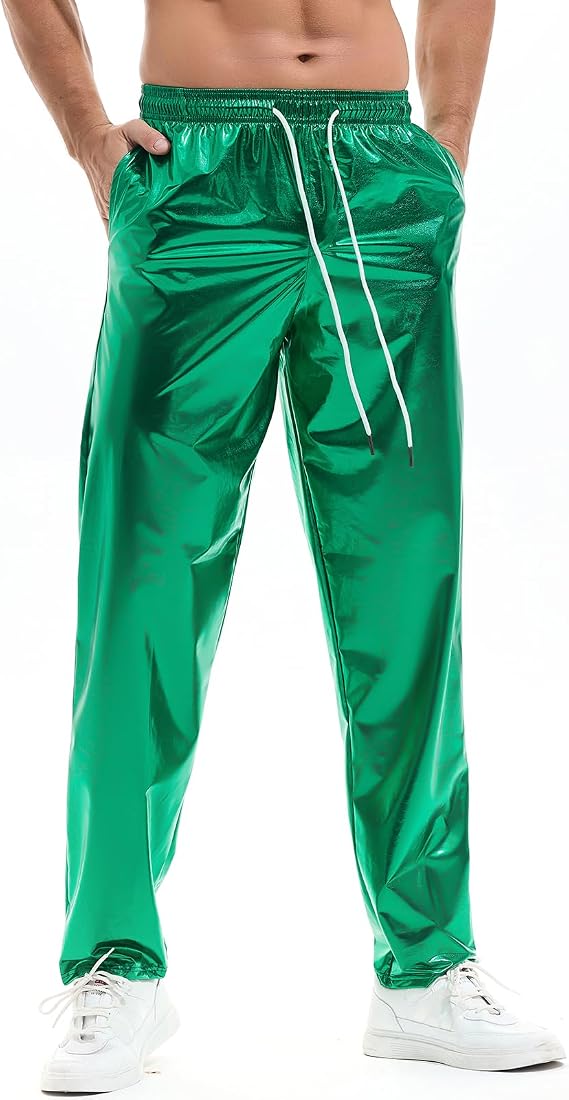 AMY COULEE Mens Shiny Metallic Pants, Straight Leg with Pockets