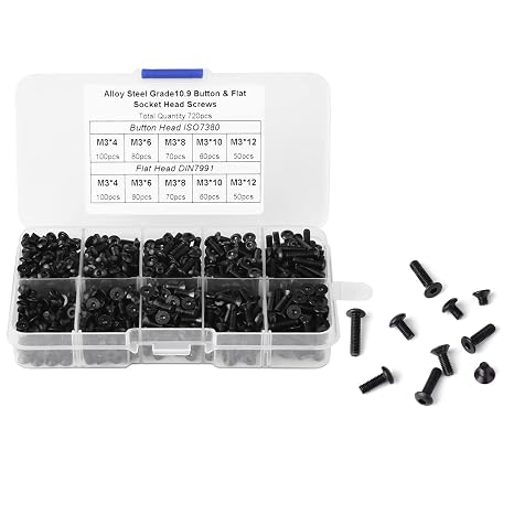 720PCS M3 Hex Bolt Screw Assorted M3x4mm 6mm 8mm 10mm 12mm Black Alloy Steel Pan & Flat Head Hex Socket Screws with Plastic Box