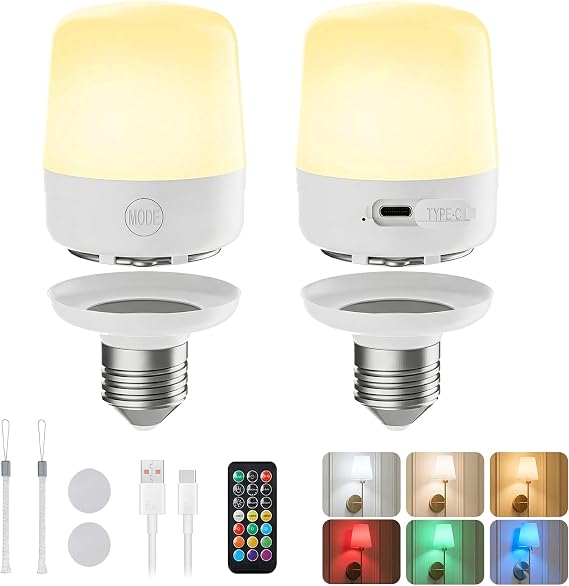 Minetom E26 Rechargeable Light Bulbs with Remote and Timer, 2 Pack