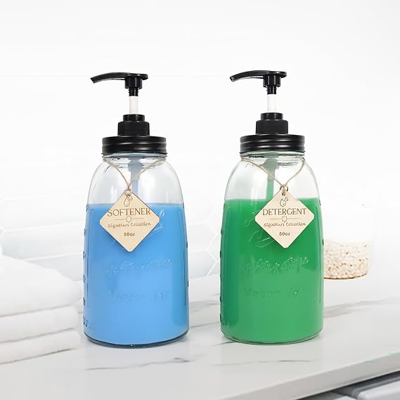 Glass Laundry Detergent Dispenser, Besuerte Set of 2 Laundry Detergent Containers, Refillable & Reusable 50oz Mason Jar Style Glass Soap Dispenser with Pump and Hanging Tags