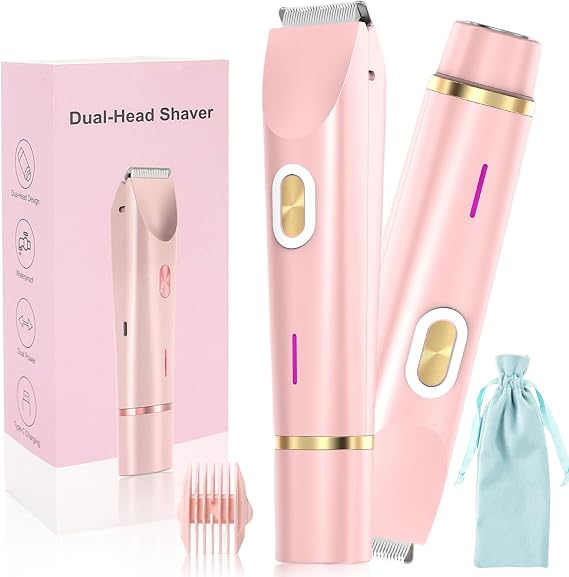 Bikini Trimmer for Women, 2-in-1 Electric Shaver for Women Private Area, IPX7 Waterproof Pubic Hair Trimmer, Wet & Dry Rechargeable Body Razor for Bikini, Legs, Underarms, with Travel Pouch