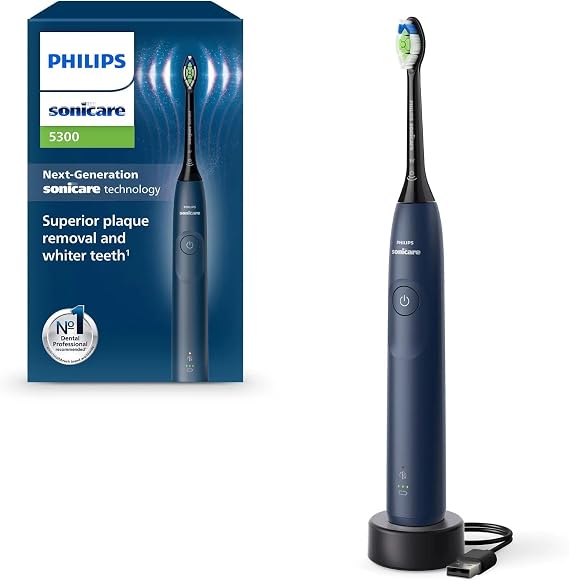 Philips Sonicare 5300 Electric Toothbrush,Sonic Toothbrush with 2 Intensity Levels, Pressure Alert, EasyStart, SmarTimer and BrushPacer, Navy Blue, Model HX7103/01 [New Technology]