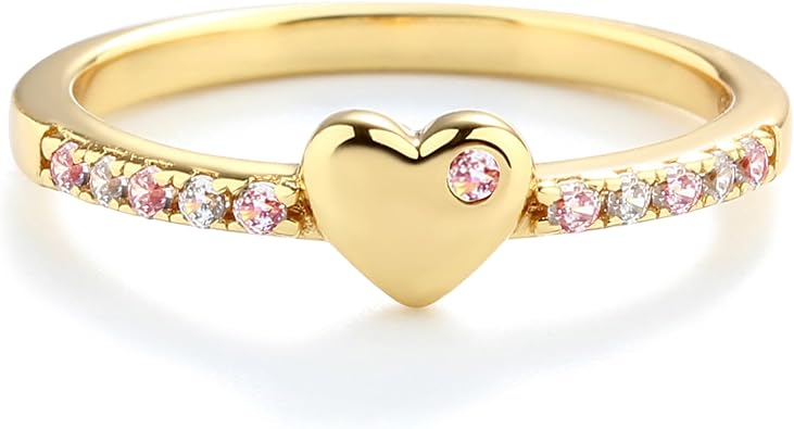 Precious Pieces .925 Sterling Silver or 14K Gold Plated Baby Ring with Puff Heart and Pink CZs for Babies, Toddlers, Little Girls, Stackable or Pinky Ring for Teens and Women