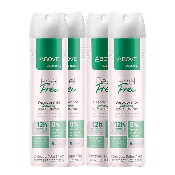 ABOVE 12 Hours Deodorant Set - Dry Spray for Women - Sensual and Floriental Fragrance - Notes of Jasmine - Protects Against Sweat and Body Odor - Instant Freshness - Alcohol Free - Feel Free - 4 pc