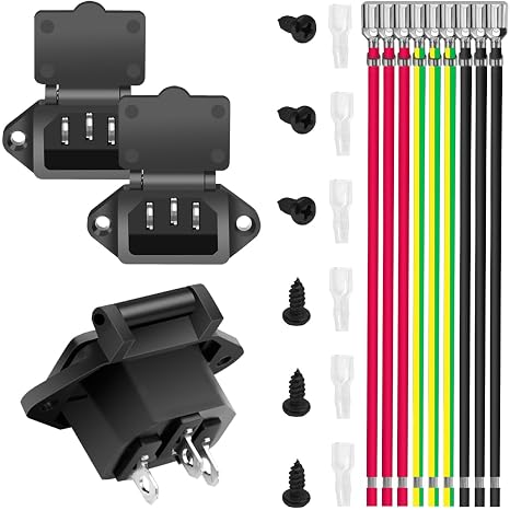 3PCS AC 250V 10A IEC 320 C14 Mount Plug Adapter Power Connector Socket with Spring Cover 3 Pin Panel Mount Plug Black with 18AWG Terminal Wire 4.8mm Sheath Screw for Electric Vehicles