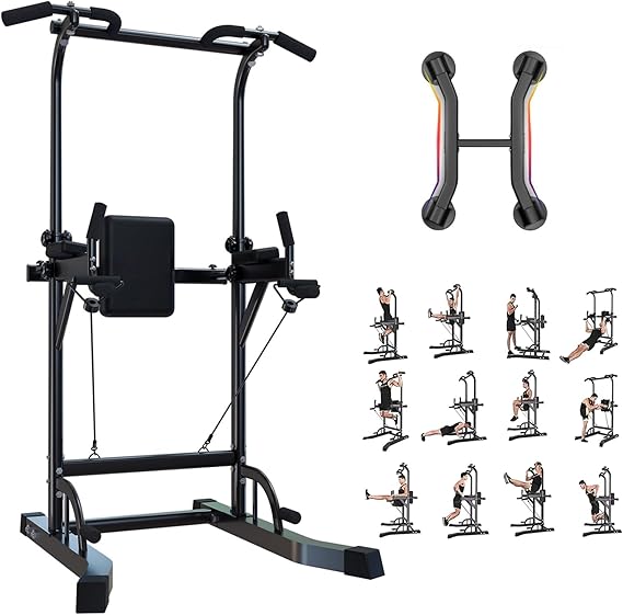 Power Tower Dip Station Pull Up Bar Exercise Tower Adjustable Pull Up Station Pull Up Tower Bar for Home Gym Multifunctional Strength Training Fitness Equipment