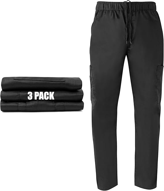 Ubon Black Chef Pants for Men, Cargo Work Pants, 7 Pockets
