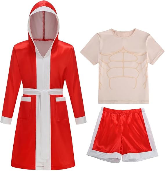 GRAJTCIN Boxing Costume for Kids Halloween Boxer Costume Sets Includes Boxing Robe, Fake Muscle Shirt and Shorts