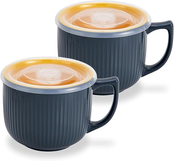 Ceramic Soup Bowl with Handle – Large 900ml Microwave Soup Mug with Lid, Soup Container & Cup for Cereal, Oatmeal, Ramen, Noodle, Porridge, Housewarming Gift - Set of 2(Grey)