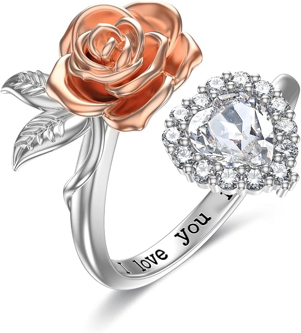 Rose Ring Sterling Silver Rose Flower Heart Ring with Crystal Adjustable Open Ring Promise Ring Gift for Women Teen Girl