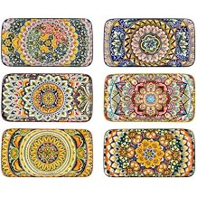 Henten Home Ceramic 10 Inch Salad Plates, Porcelain Rectangular Dessert Plate Set of 6, Bohemian Serving Dishes for Sushi, Pasta, Appetizer, Microwave & Dishwasher Safe