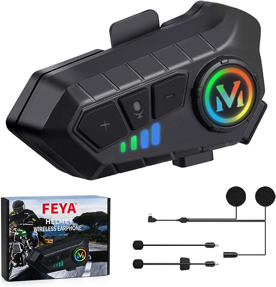 FEYA Motorcycle Helmet Speakers High Battery Life Helmet Headset | IPX6 Automatic Answer/Call Music Control/Intelligent Noise/Wake up Siri, 2 Mic Types - All Helmets Compatible - Y10