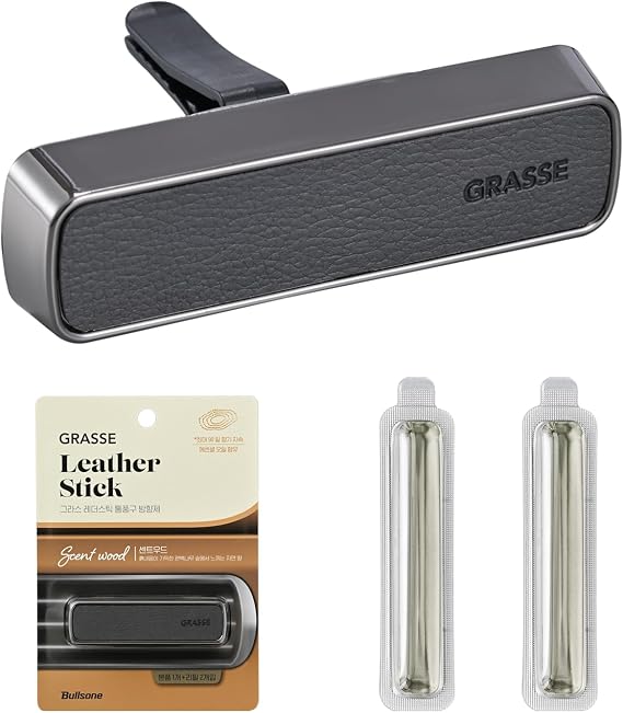 BULLSONE Car Air Freshener, Fragrance Grasse Leather Stick, Scent Scent Wood Body Black, BU25 45 Days x 3 Times Refill, Lasts Up to 135 Days, Air Conditioner Mount, Clip Type, Leather Style