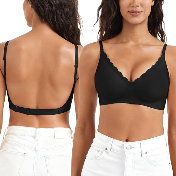 Low Back Bra - Halter Bra Backless Padded Low Cut Seamless Wave Bras Scalloped V Neck Criss-Cross Multiway Bralette