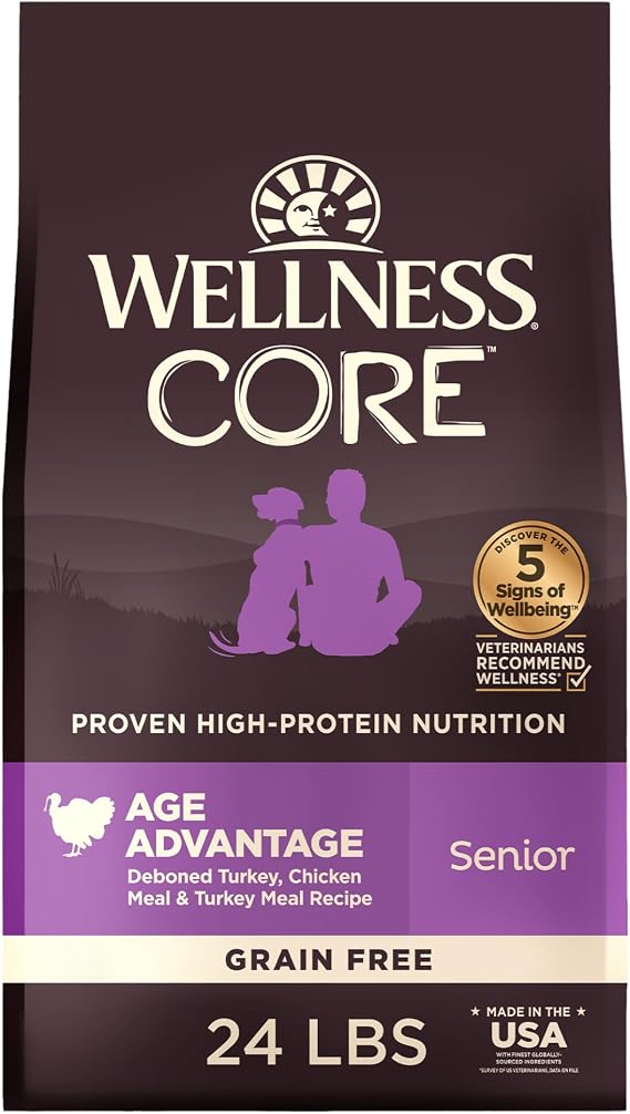 Wellness CORE Age Advantage Senior Dry Dog Food, Grain Free Kibble, Natural, High Protein, Turkey and Chicken Recipe, 24 lb Bag
