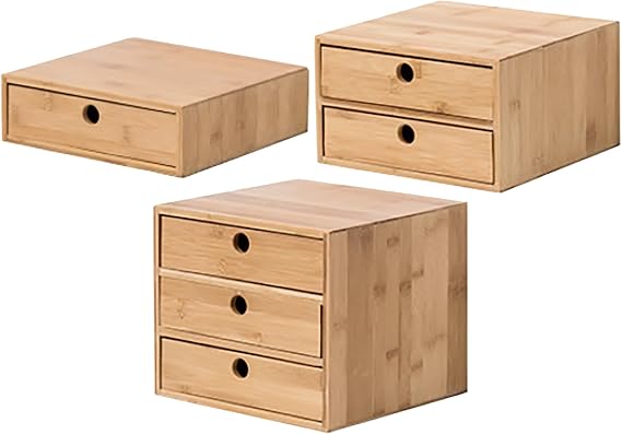 Bamboo Organizer Desktop Drawer Set of 3 - 1, 2, 3 Drawer Storage Organizer Ideal for Desk Accessories, Office Supplies, Makeup Storage and More - Desktop Wooden Box Stackable Drawers