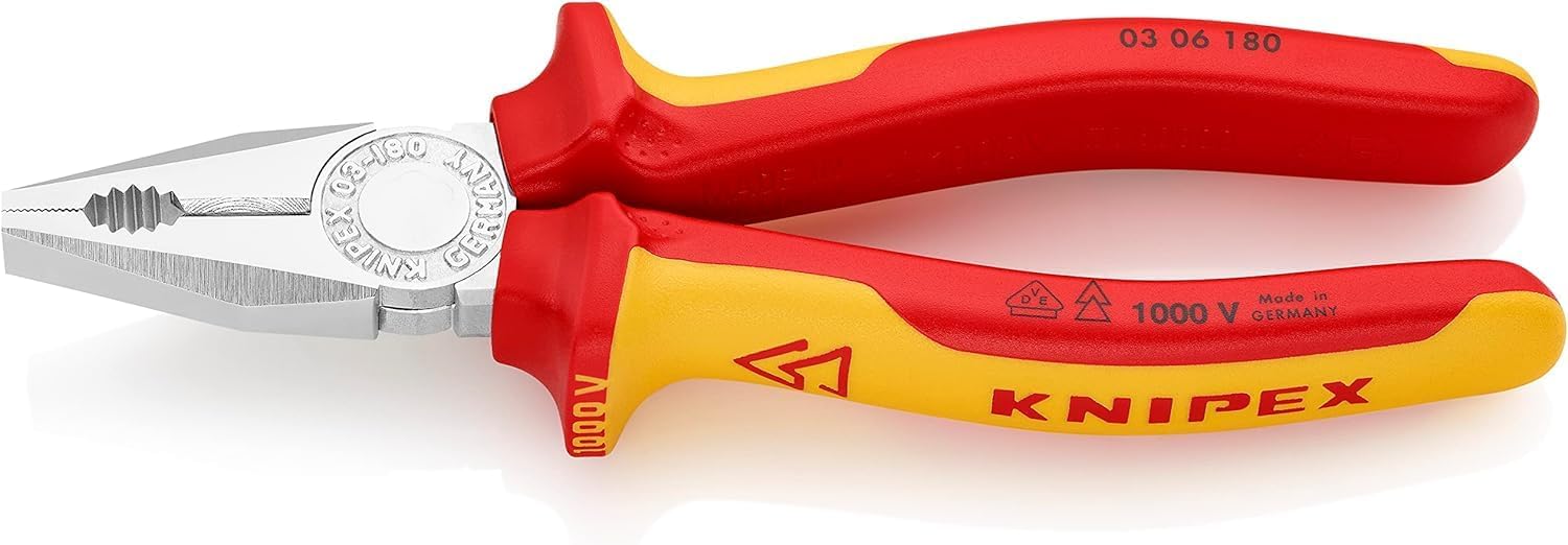 Knipex kombine pense, krom kaplama, çok bileşenli manşonlarla izole edilmiş, VDE-testli 180 mm 03 06 180