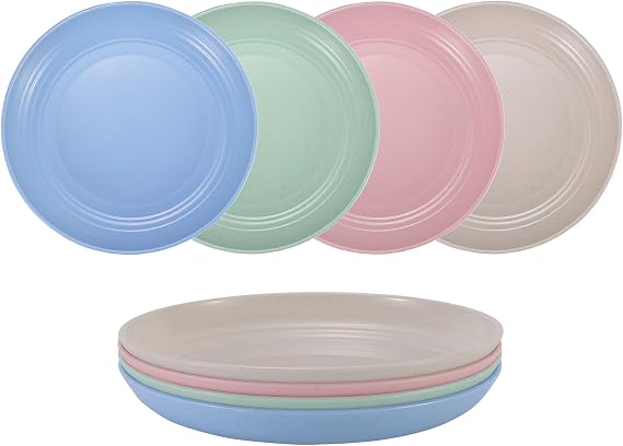 7 Inches Small Unbreakable Wheat Straw Plates - Reusable Plate Sets of 4 - Dishwasher & Microwave Safe - Perfect for Dinner Dishes - Healthy, BPA Free & Eco-Friendly (7 Inches)
