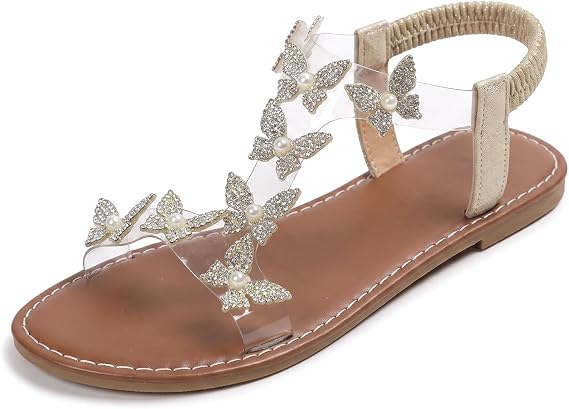 Women Sandals Butterfly Rhinestone Dressy Casual Summer Comfortable Flat Sandal Beaded Sparkly Elastic Ankle Strap Beach Slippers