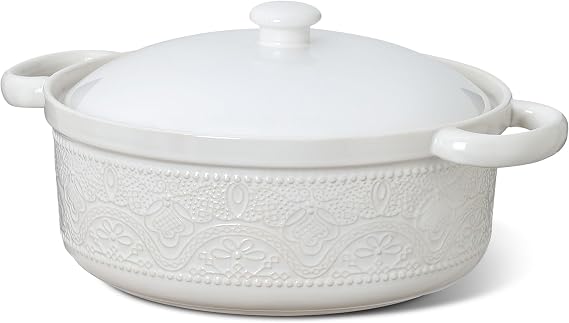FE Casserole Dish with Lid, 2 Quart Ceramic Baking Dish, Bright White