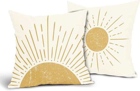 Boho Sunshine Pillow Covers 16x16 Inch Pack of 2 Cute Yellow Bohemian Decorative Outdoor Throw Pillow Covers Farmhouse Pillowcase Square Linen Cushion Cover for Bedroom Sofa Couch Home Decor