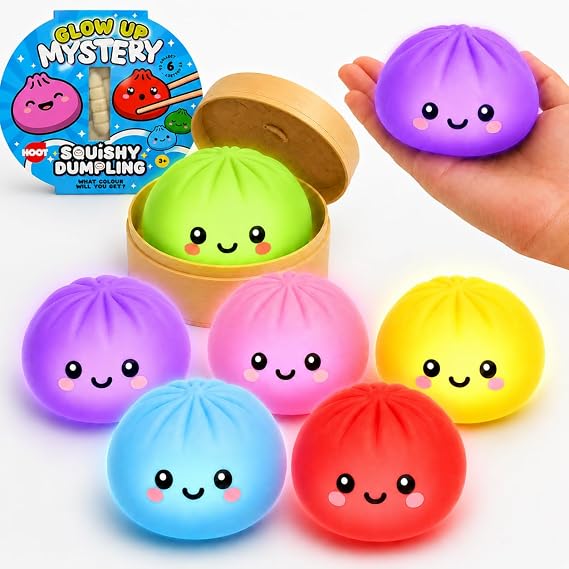 Mystery Surprise Dumpling Toy 8.5cm - 3x Random Glow in Dark Bao Bun with Reusable Steamer Box, Squishy Portable Anti Anxiety Toys for Kids Age 3+