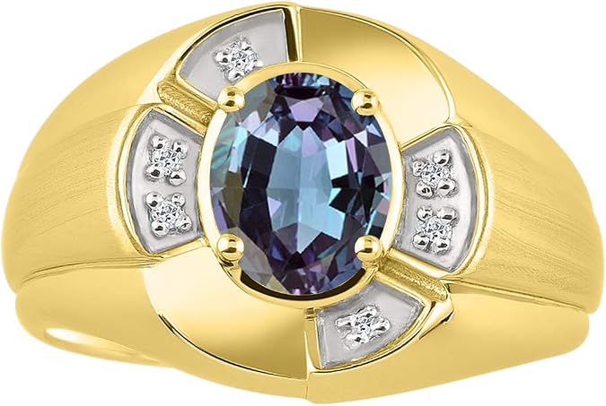 Rylos Yellow Gold Plated Silver Men's & or Ladies Ring with 8X6MM Oval Gemstone & Diamonds - Unisex Color Stone Birthstone Ring Sizes 7-13