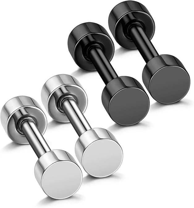 JewelrieShop Black Faux Gauges Plugs Earrings for Men Stainless Steel Dot Disc Studs Circle Flat Back Cheater Tunnel Dumbbell Earrings Women(18 Gauges,2 Pairs,3-14mm,Black and Silver)