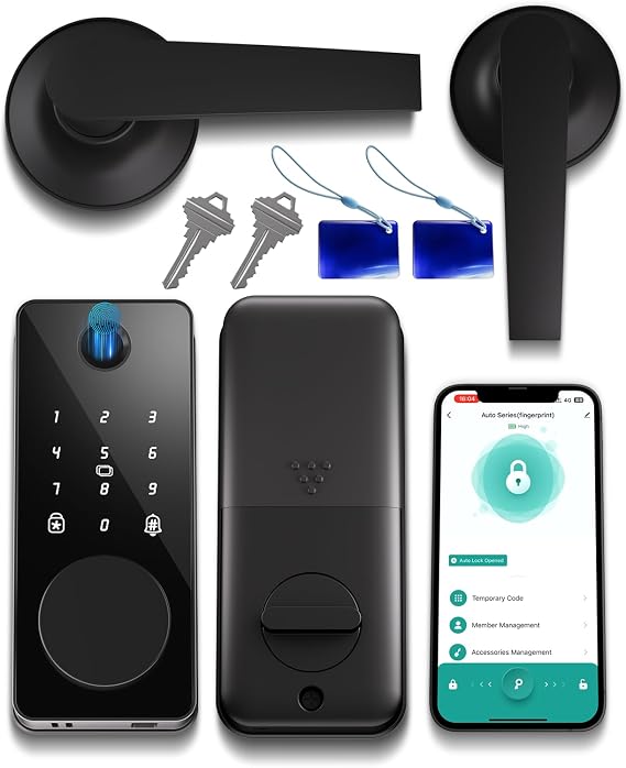 Fingerprint Door Lock Set, biquole Keyless Entry Lock with 2 Lever Handles, Deadbolt Electronic Keyboard, Auto Lock and One Key Locks