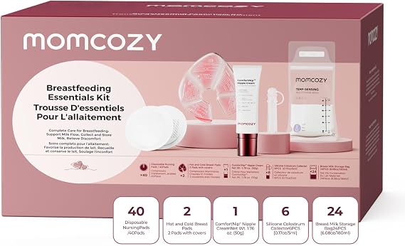 Momcozy 73pc Postpartum Essentials Kit, Initiate breastfeeding for New Moms, Hospital Bag Must Haves with Nursing Pads, Hot & Cold Breast Pads, Nipple Cream, Colostrum Collectors and Milk Storage Bags