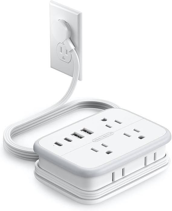NTONPOWER 10 in 1 Travel Power Strip, 6 Outlets 4 USB Ports(2 USB C), 4ft Extension Cord Wrapped Around Small Power Strip, Compact for Travel, Hotel, Cruise Approved, White
