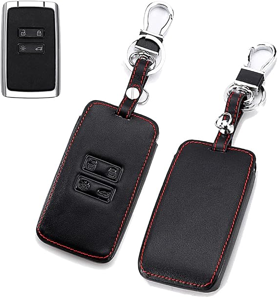 Car Key Cover Compatible with Renault Koleos Kadjar Megane 4 Button Car Key Smart Key (only Keyless) Leather Red Stitches Car Key Fob Cover Keychain Key Case Holder Skin Jacket Protector