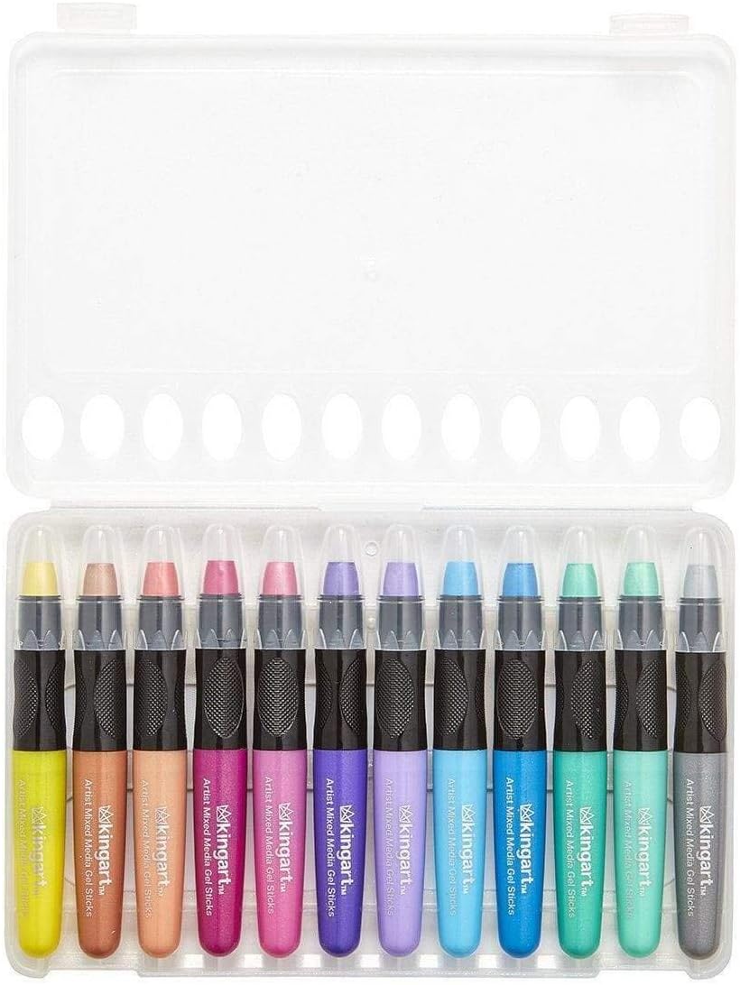 KINGART Metallic GEL STICK Set, Artist Pigment Crayons, 12 Rich Metallic Colors, Water Soluble, Creamy, and Odorless, Use on Paper, Wood, Canvas and more