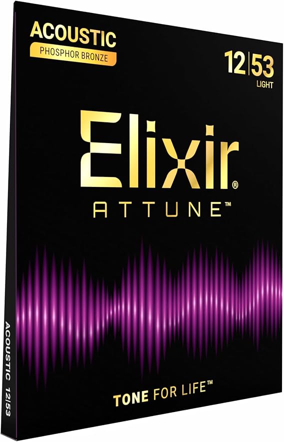 Elixir Strings, ATTUNE Acoustic Guitar Strings, Phosphor Bronze, Longest-Lasting Crisp and Clear Tone with Natural Feel, 6 String Set, Light 12-53