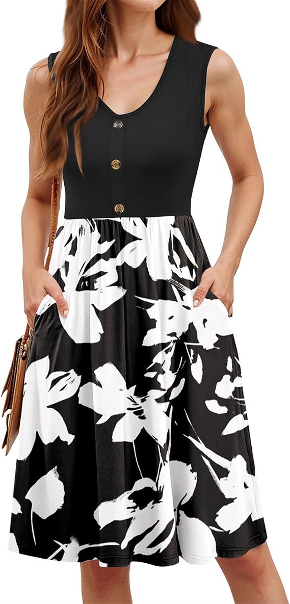 Women's Maxi Dress Casual Sleeveless V Neck Sundress Beach Vacation Dresses with Pockets