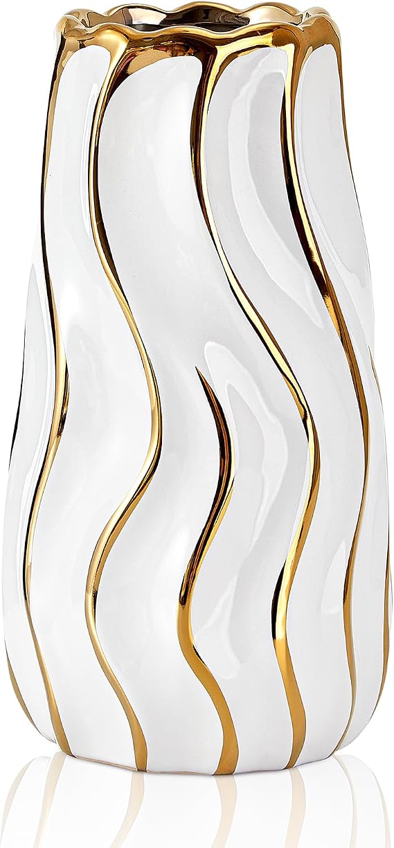 Ceramic Vase - White Decorative Flower Vase for Home Decor, Vertical Stripe Pattern, Tabletop Centerpiece
