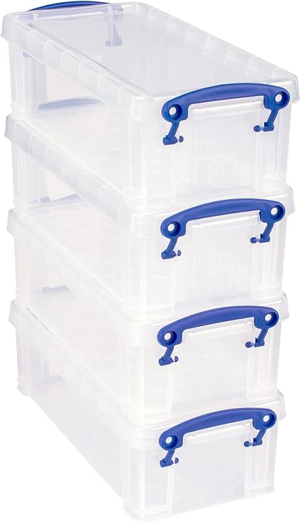 Really Useful Box Plastic Storage 0.9 Litre Clear (Pack of 4), external: 22 x 10 x 7 cm, internal: 18.5 x 8 x 6 cm