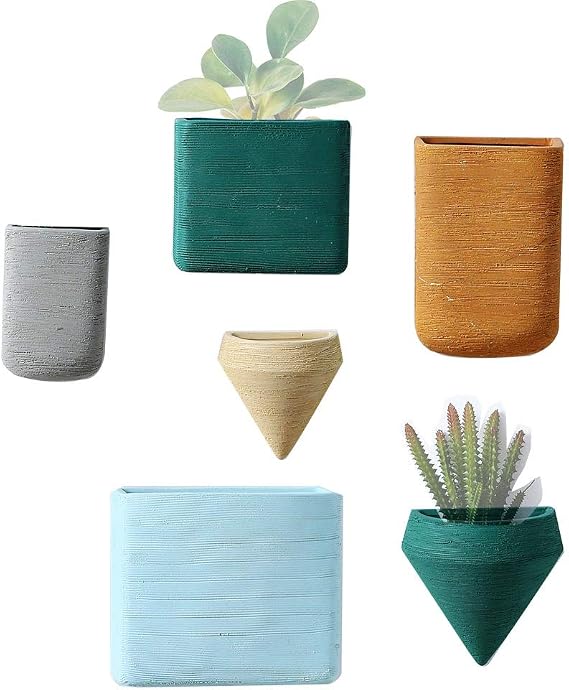 Ceramic Hanging Planters Geometric Wall Decor Container Flower Pot Holder Great for Succulent Plants, Air Plant, Mini Cactus, Faux Plants (Set of 6)
