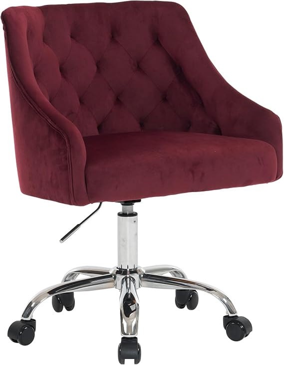 ATTICA Vanity Chair with Back, Upholstered Velvet Swivel Desk Chair for Home Office, Diamond Cluster Back Design with Adjustable Wheels for Living Room, Bedroom, Comfortable Study (Burgundy)