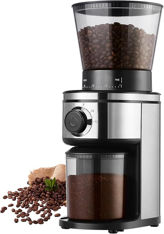 Ollygrin Burr Coffee Grinder, Electric Conical Coffee Bean Grinder With 30 Adjustable Grind Settings For 2-12 Cups, Sliver & Black