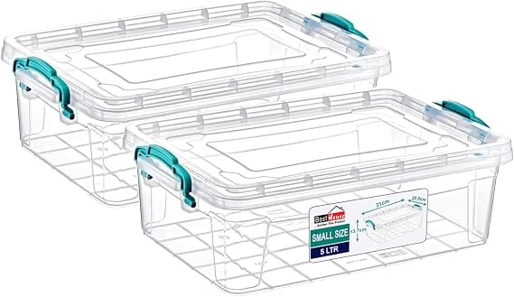 Best House| Plastic Storage Box with Clips & Lid | Size 5L (L:32.2cm W:20.5cm H:13.6cm)| Set of 2| Rectangle|Stackable Clear Durable Multipurpose Office Home Kitchen Tool Versatile(SMALL Size)-5Litres