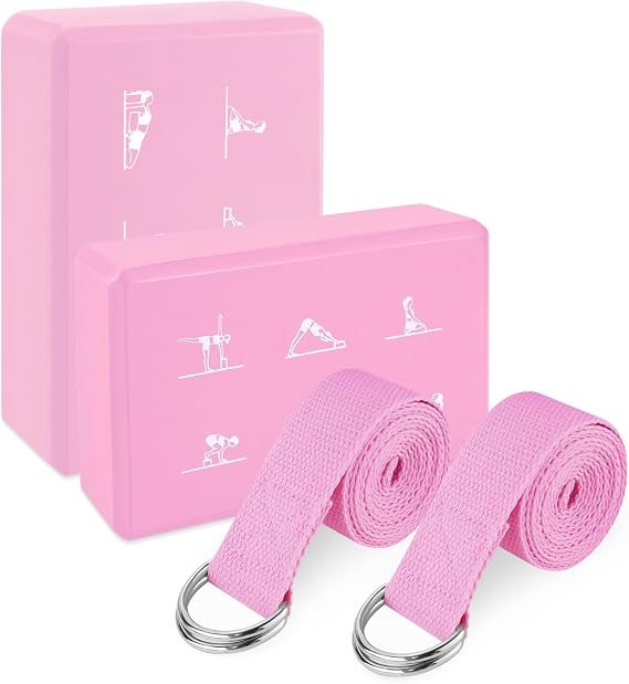 2PCS Yoga Block Set, High Density EVA Non-Slip Foam Blocks with 2 Adjustable Stretching Straps, Ideal for Pilates and Stretching, Perfect Gift for Fitness Enthusiasts