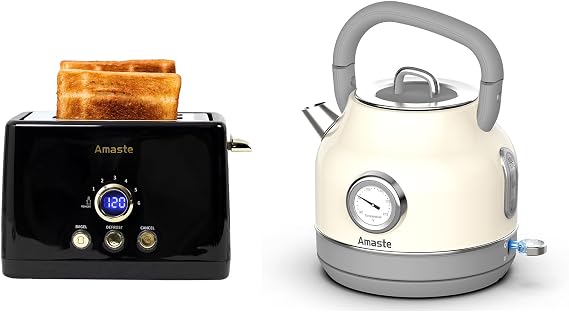 Amaste Black Toaster & White Retro Electric Kettle Set