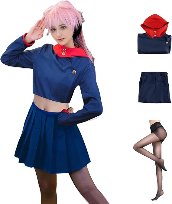 Women Anime JJK Jujutsu Itadori Yujii Cosplay Costume Japanese School Uniform Jacket Pleated Skirt Outfit with Stockings (L-YUJII Skirt), Large