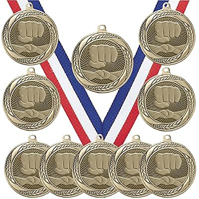 10 Pack of Martial Arts Gold Medals Trophy Award with Neck Ribbons MS2
