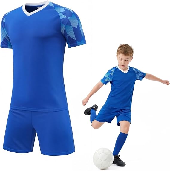 Kids Football Kit Sports Clothing, Quick Drying Boys Girls Training Jersey Set, Breathable Football Kits Training Suit with T-Shirt and Shorts Blue