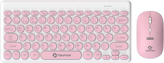 Gravion KM-BT37 Kablosuz Klavye Mouse Seti, Bluetooth + USB Dongle 2.4G, 78 Tuş Kompakt, Türkçe Q, PC TV Laptop Tablet Telefon Uyumlu, Pembe