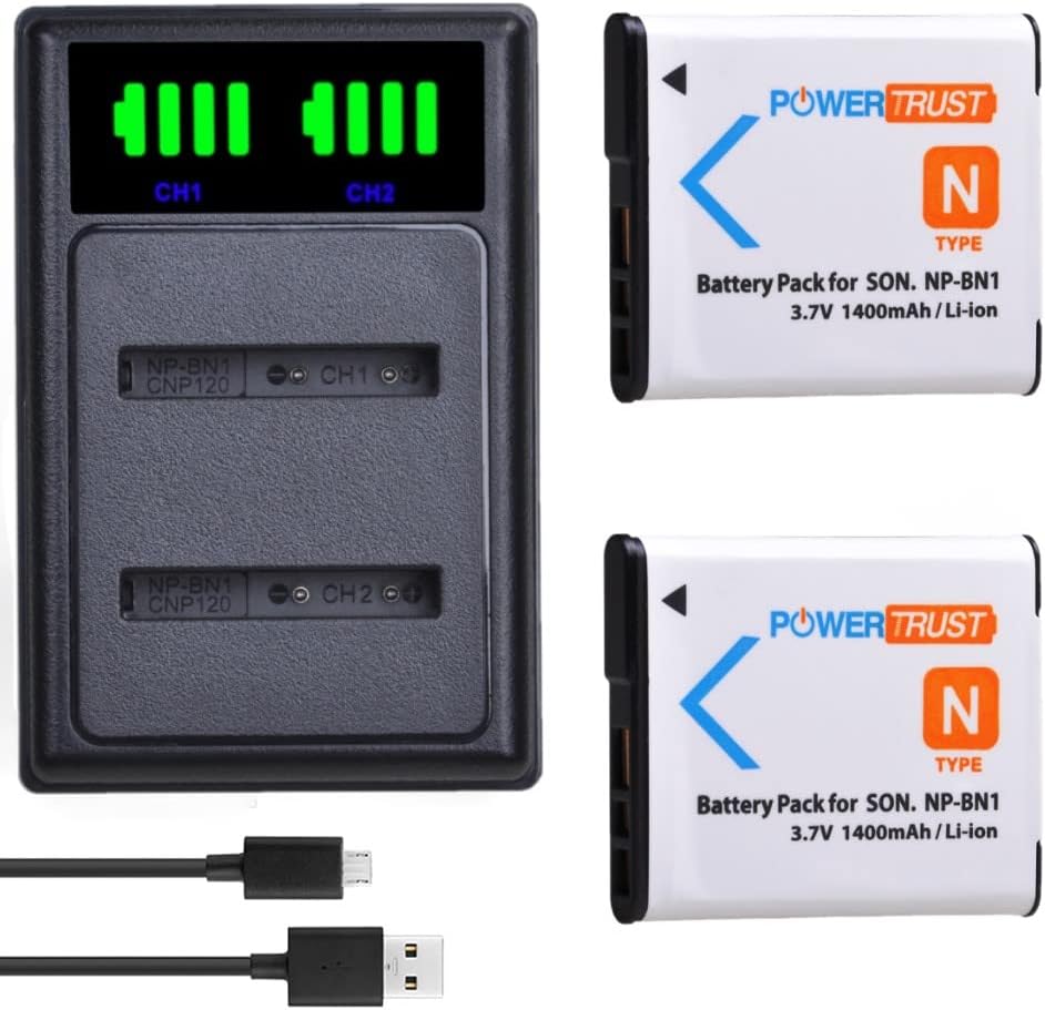 PowerTrust NP-BN NP-BN1 Battery and Charger for Sony DSC-W800 DSC-W830 DSC-QX100 DSC-TX30 DSC-QX10 DSC-TF1 DSC-TX20 DSC-TX66 DSC-TX200 DSC-WX150 Pack of 2